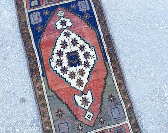 Door Mat Rug, Vintage Turkish Oushak Small Rug, Mat Rug, Entrance Rug, Entryway Handmade Rug 3.3 x 1.6 ft/102 x 50 cm