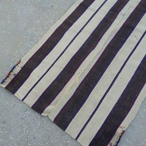 May include: A white and dark brown striped rug with a red and blue accent. The rug is woven and has a rough texture.