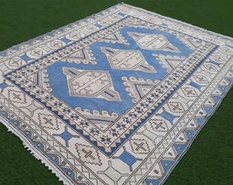 Alfombra grande verde turca vintage Oushak, alfombra decorativa hecha a mano 7.8 x 6.2 pies, alfombra de gran tamaño