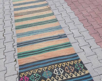 Vintage Handwoven Ethnic Turkish Runner Rug, Tribal Embrodered Patterns Flat Woven Turkish Kilim Runner 11'3"x2'8" Hall Runner