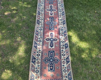 Alfombra turca vintage hecha a mano, alfombra vintage para pasillo, alfombra larga azul oscuro, 2,94 x 0,70 m, alfombra tejida a mano, alfombra anatolia.