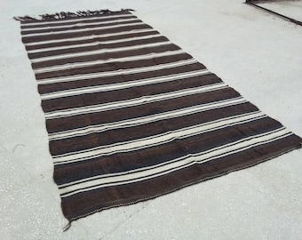 Oushak Kilim Rug, Vintage Kilim Rug, Turkish Kilim Rug, Striped Kilim Rug, Black and White Kilim Rug 12.7 x 6. feet / 388 x 183 cm