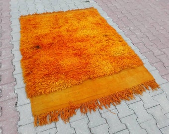 shaggy rug, turkish oushak tulu rug, moroccan rug, furry rug, pofpof rug, vintage orange tulu rug, teppich rug, decorative rug 6. x 4.5 feet