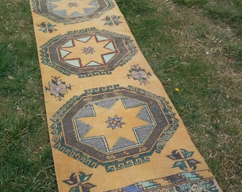 Dywan Oushak Runner, Dywan Vintage Runner, Dywan Turecki Runner, Dywan Runner, Kilim Runner, Rzadki Inny Dywan Runner 385 x 81 cm /12,6 x2,6 stopy