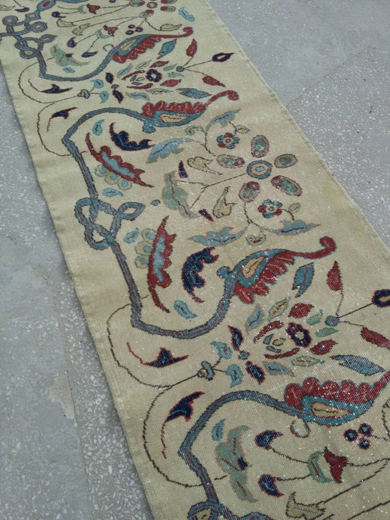 Vintage Turkish Oushak Runner Rug, Kilim Runner Rug, Floor Runner Rug, Hallway Rug, Runner Rug 10.9 x 2.8 ft / 334 x 86 cm