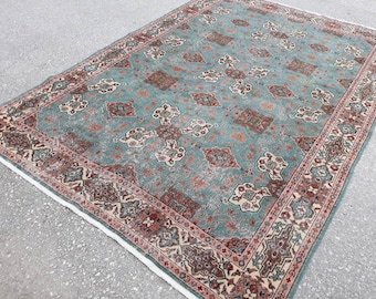 Alfombra grande vintage, alfombra de color cian de pila baja, alfombra de gran tamaño hecha a mano turca, alfombra oriental de gran tamaño, alfombra grande Oushak de 11.4 x 7.8 pies