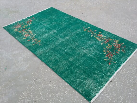 Oushak Rug,turkish oushak rug,vintage turkish rug,green rug,rug,rugs,vintage rug,handknotted rug,faded rugs, 6'8"x3'9"ft,plain flowering rug