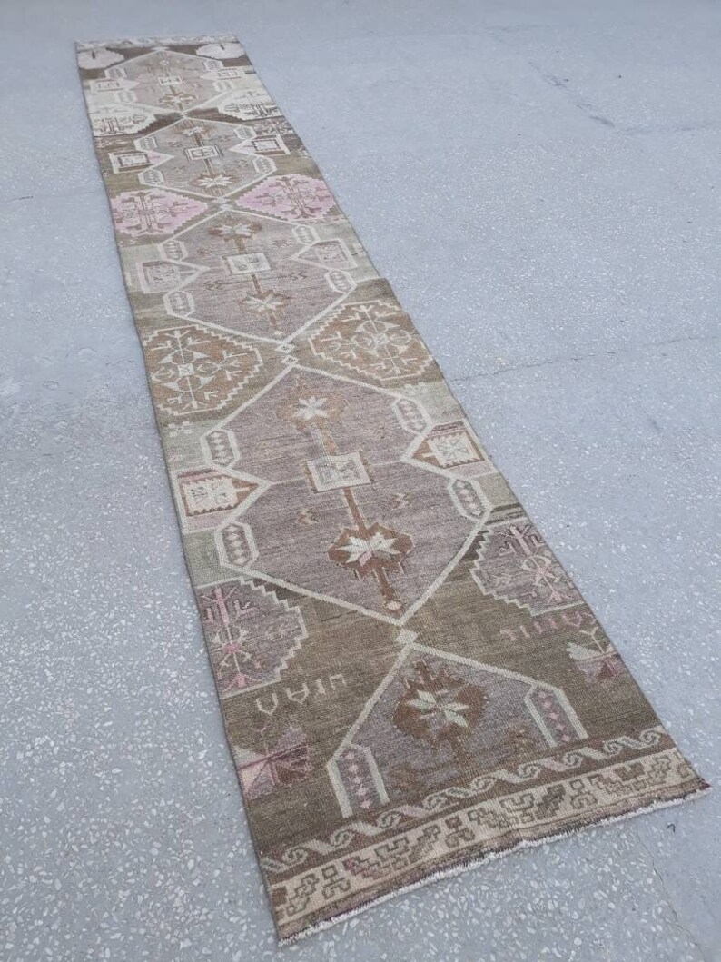Turkisk Oushak-löpare, turkisk löpare, anatolisk löpare, halllöpare, turkisk löpare, köksmatta 14'6"x2'7"ft pastellfärgad matta, bild 1