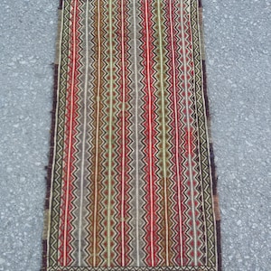 May include: A colorful striped rug with a geometric pattern. The rug has a fringe border and is made of wool.