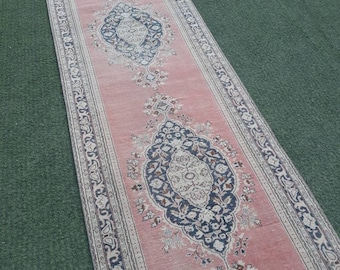 Vintage Ornare Turkish Oushak Runner Rug,Faded Colors Distressed Low Pile 2'9"x 12'1" Rug Runner,Antiğue Kitchen Rug,Oushak Rug,kilim Runner