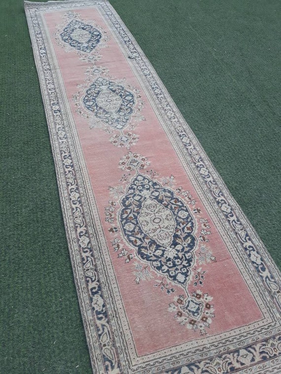 Vintage Ornare Turkish Oushak Runner Rug,Faded Colors Distressed Low Pile 2'9"x 12'1" Rug Runner,Antiğue Kitchen Rug,Oushak Rug,kilim Runner