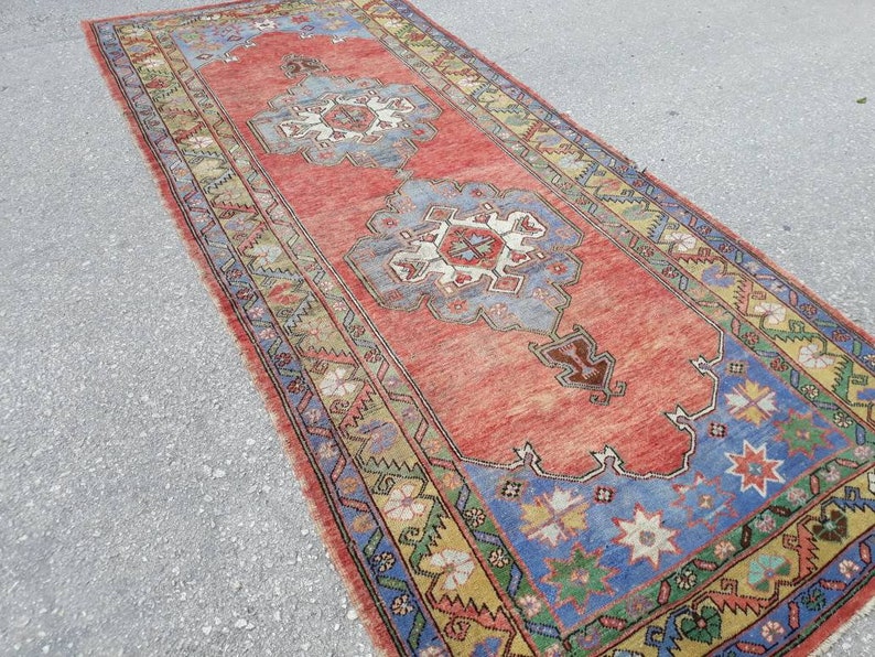 Runner Rug, Muted Colors Designer Rug Runner, Blue Runner, Turkish Wide Runner, Tropical Oushak Large Runner, 11.8 x 4.9 ft Free Shipping image 1