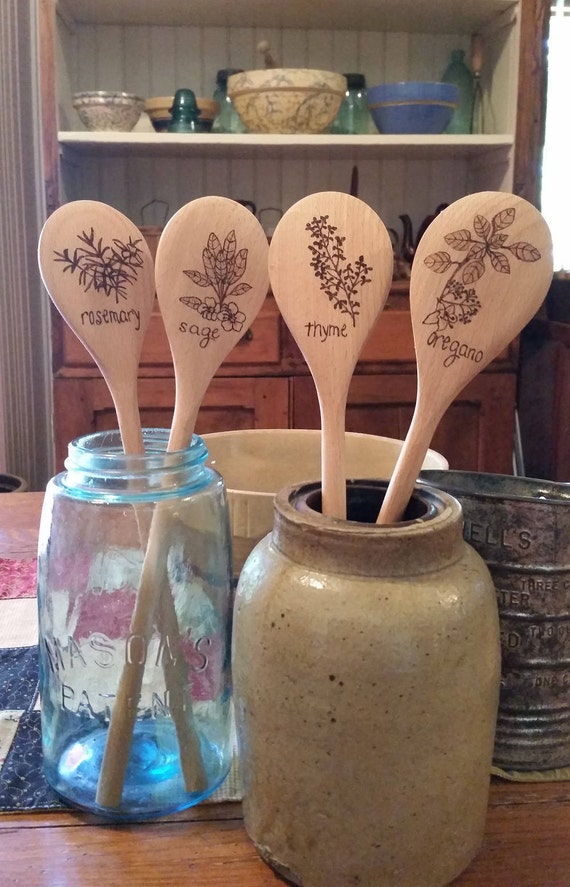 Fresh Herbs Woodburned Wooden Spoon Your Choice Etsy