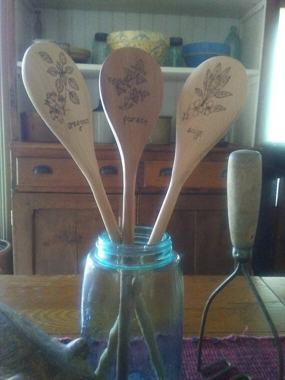 Fresh Herbs Wood burned Wooden Spoon Your Choice gift for Etsy
