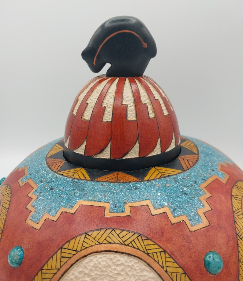 Southwest Gourd Vessel Featuring Bear Fetish Symbols, Carved Faux ...