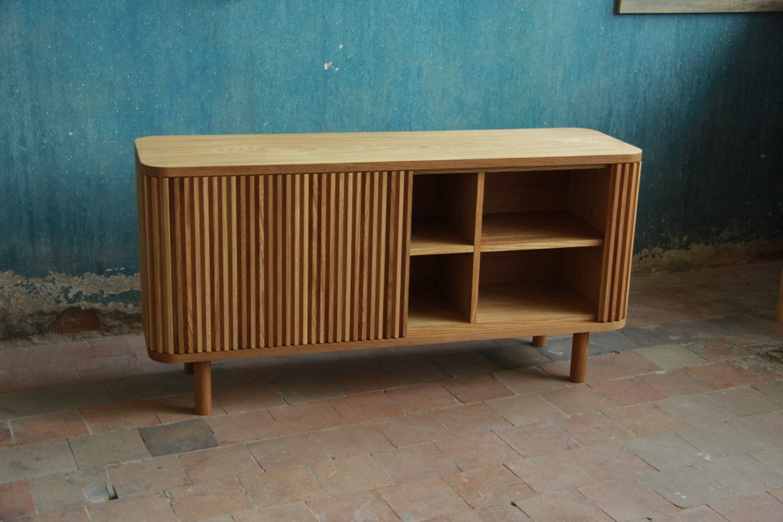 TV stand made of solid oak with tambour doors credenza Etsy