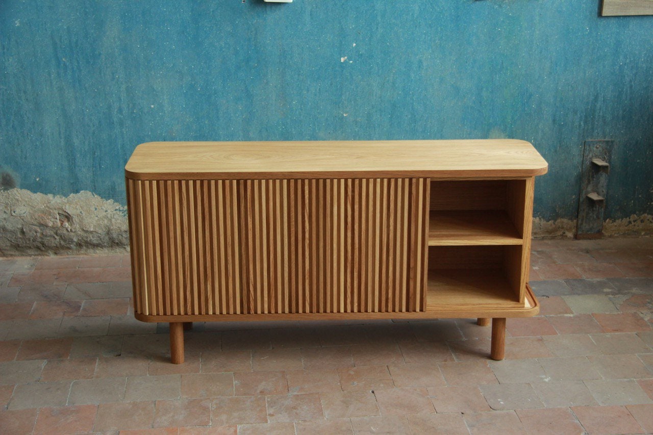 TV stand made of solid oak with tambour doors credenza Etsy