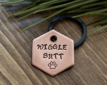 Wiggle Butt - Custom personalized hand stamped metal dog pet ID tag - funny dog tag - Corgi, Australian Shepherd, dog tag, pet tag