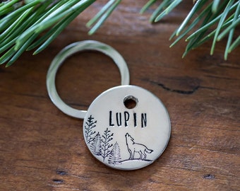 Forest Dweller - metal stamped personalized dog pet ID tag, dog tag, pet tag, forest, deer, wolf, adventure, nature, trees