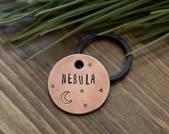 Moonstruck - Celestial hand stamped personalized metal pet dog ID tag, moon, stars, nature, adventure