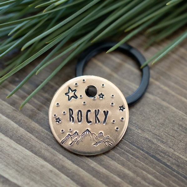 Mountain Sky - Custom hand stamped personalized metal dog pet ID tag, dog tag, pet tag, stars, moon, mountains, nature, adventure