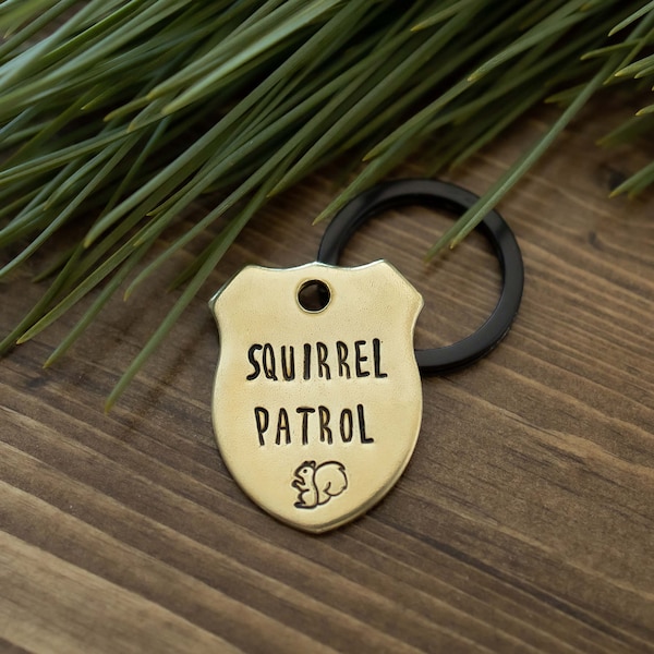 Squirrel Patrol, badge tag, Brass, Silver, Hand-stamped, Pet ID Tag, hunting dog, police, badge