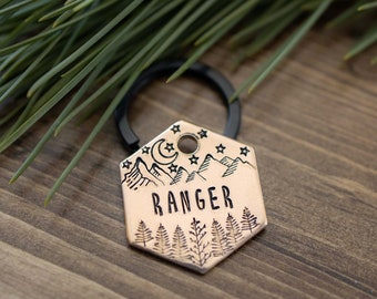 Go Camping! - Adventure themed personalized hand stamped metal dog pet ID tag, dog tag, pet tag, forest, mountains, trees, nature, hiking