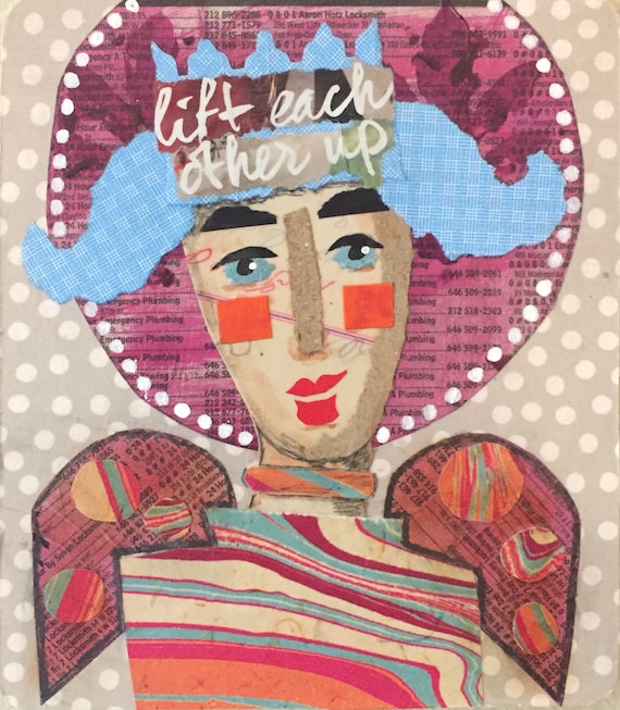 Little Sisters No. 21 Mixed Media Portrait, Paint, Collage, Original Art,  Contemporary, Whimsical Art, Mitzi Easley 