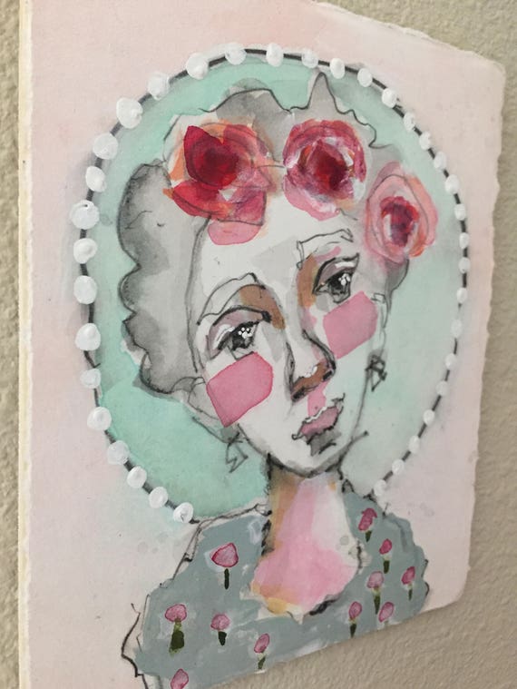 Little Sisters No. 29 Mixed Media Portrait, Paint, Collage, Original Art,  Contemporary, Whimsical Art, Mitzi Easley 