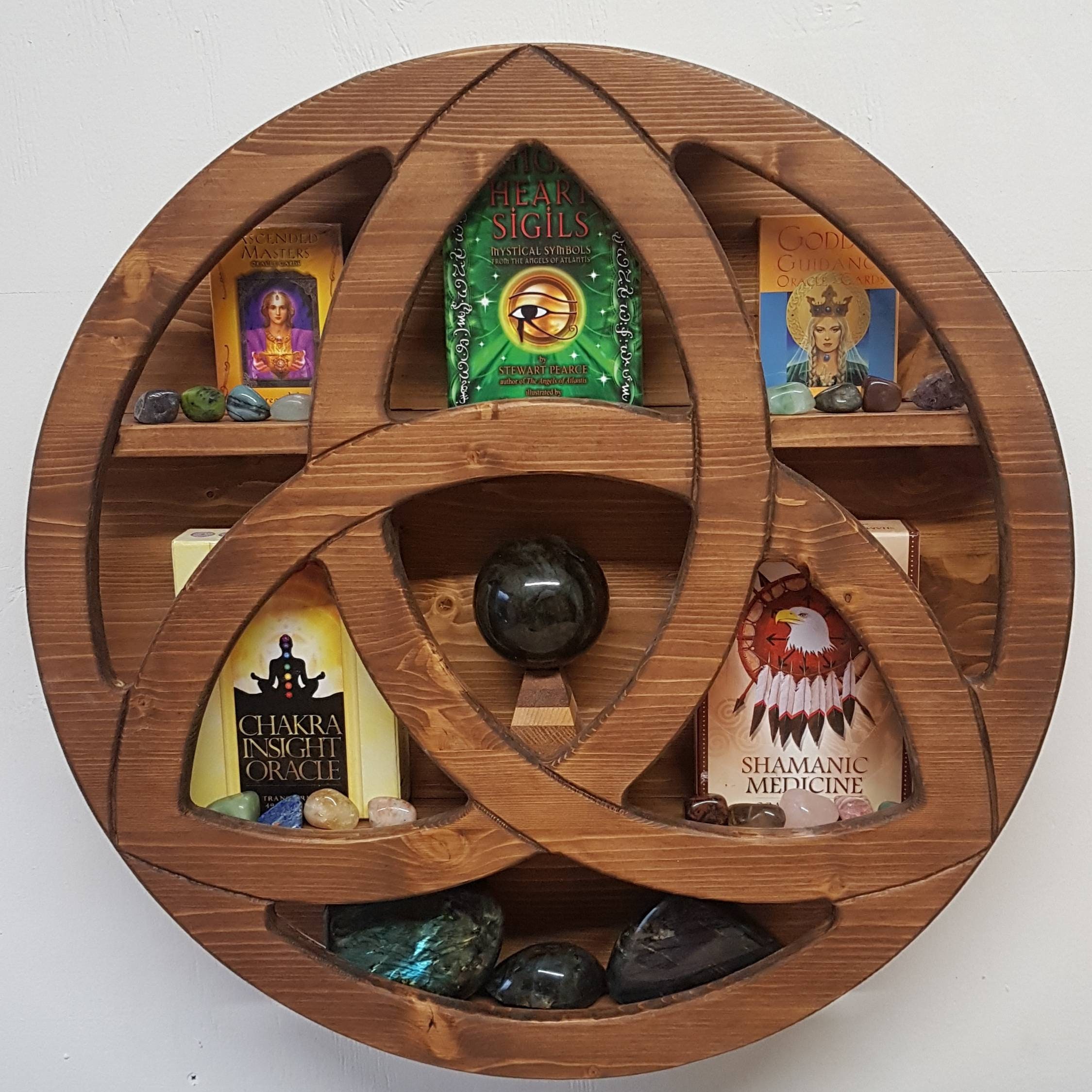 Triquetra crystal / ornament display shelf. Medium oak finish. Etsy