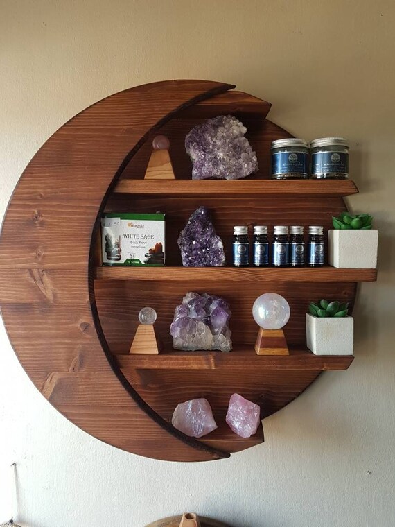 Waning Crescent moon crystal ornament display shelf 60cm diameter medium oak finish. Made to order