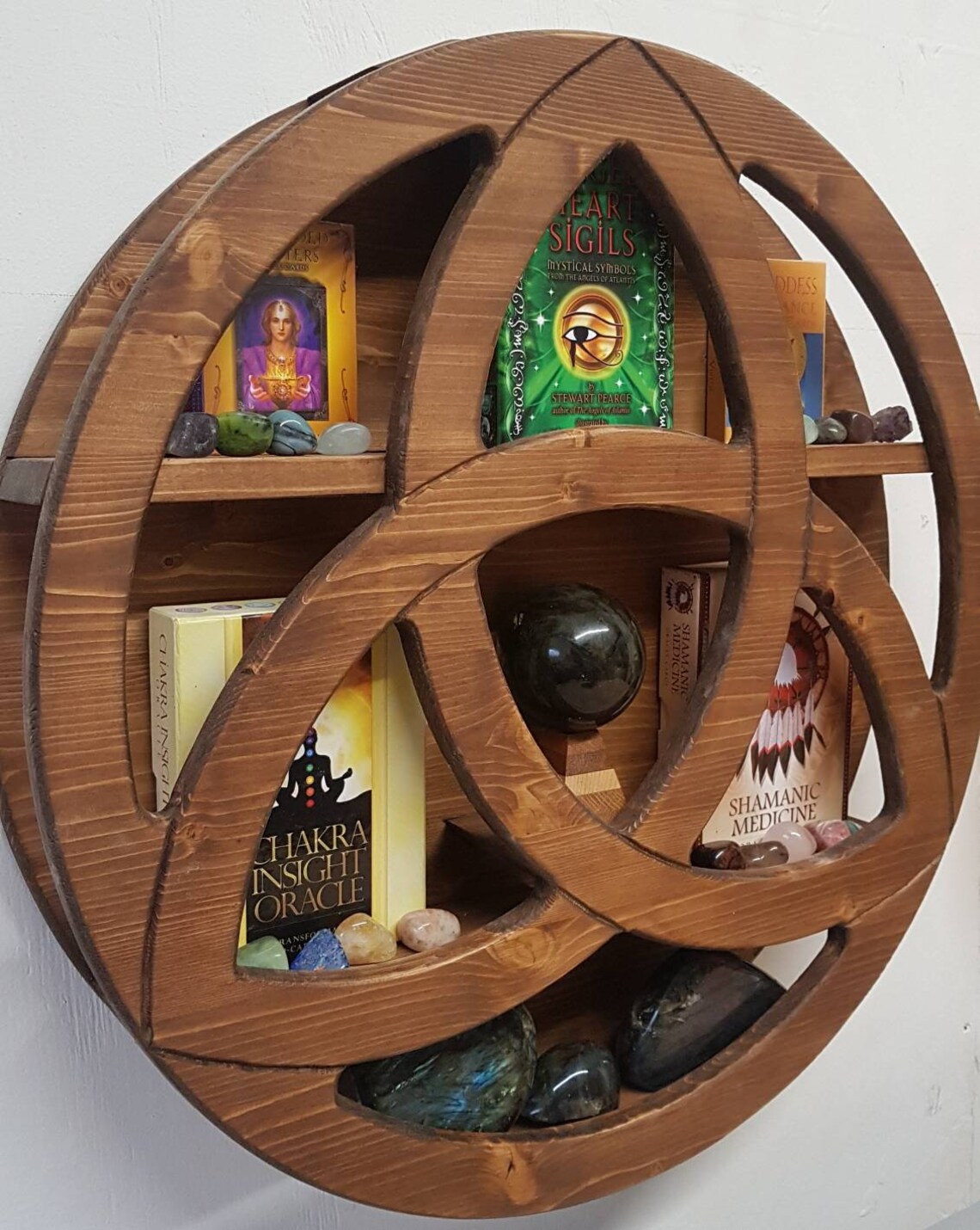 Triquetra crystal / ornament display shelf. Medium oak finish. Etsy