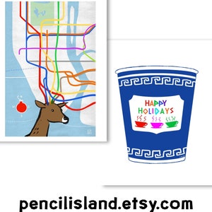 NYC Christmas Reindeer Subway Map & Anthora Kaffeetasse Grußkarten, Weihnachtskarten, Zwei 4,25 "x 5,5" Karten Digital Download.