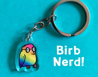 May include: A rainbow-colored bird wearing glasses with the text "Birb Nerd!" on a clear acrylic keychain.