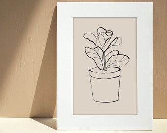 Neutrale Fiddle Leaf Fig Wall Print, Botanische Muur Print, Originele Fiddle Leaf Fig Tekening Lijntekeningen, Beige Home Decor, Digitale Download