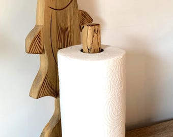 Hand carved vintage wood paper towel holder
