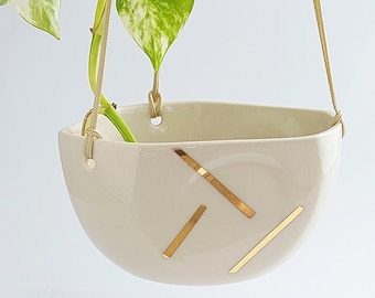 Small ceramic plant hanger off white and gold, modern design plant pot, pot for cactus or succulent plant, minimalist style.