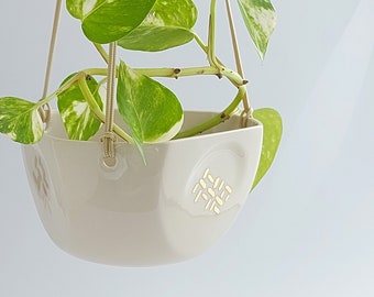 Small ceramic plant hanger off white and gold, modern design plant pot, pot for cactus or succulent plant, minimalist style.