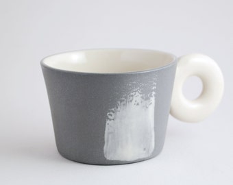 Small modern espresso cup,tea or coffee cup, matte grey porcelain with brush design, modern pottery, minimalist, boho chic and hygge decor.