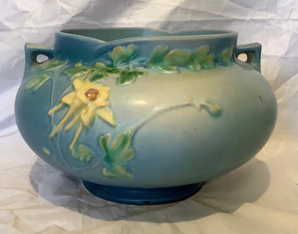 1 Roseville Pottery Blue Columbine 2 Handled 6 Jardiniere Etsy