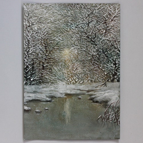 Small Original Painting Winter River Landscape, Mixed Acrylic shops Watercolor Landscape, Acrylic winter landscape Original Painting Christmas