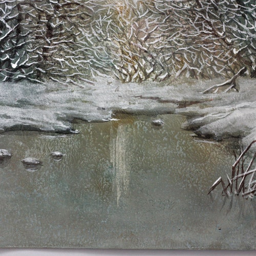 Small Original Painting Winter River Landscape, Mixed Acrylic shops Watercolor Landscape, Acrylic winter landscape Original Painting Christmas