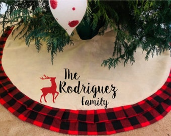 FAST FREE SHIPPING / Custom Christmas Tree Skirt / Personalized Family Tree Skirt / Family Name on Tree Skirt / Buffalo Plaid Tree Skirt