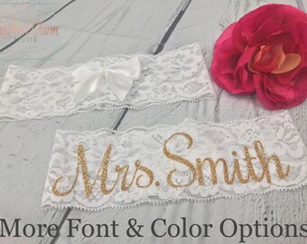 Personalized Wedding Garter and Toss Garter / Stretch White Lace Garter with Bow / More Font and Glitter Color Options Available