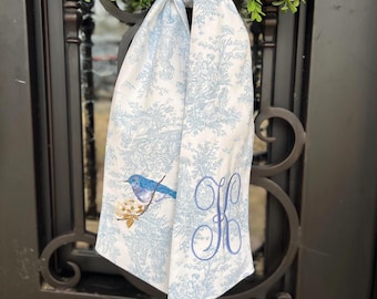 Blue Toile Wreath Sash, Embroidered Blue Jay, Personalized Front Door Decor