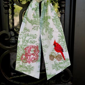 Embroidered Cardinal Wreath Sash, Green French Country Toile, Personalized