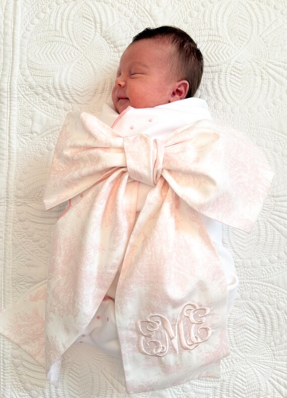 Pink or Blue Toile Embroidered Newborn Sash-Hospital Door Hanger-Announcement-Newborn Photo Prop-Monogrammed Swaddle-Newborn Bow Swaddle