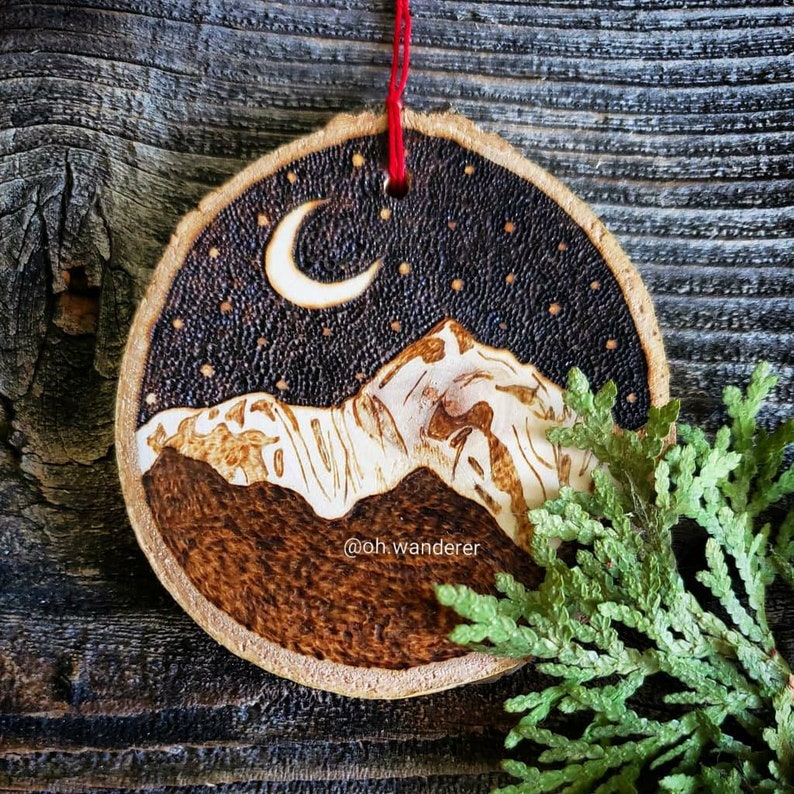 Starry Mountain Pyrography Ornament