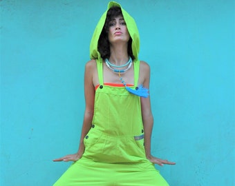 Neon Yellow- Handmade, hooded jumpsuit in raw cotton for festival, parties, ceremonies, Burning Man- Unisex, dungarees, hoodie overalls