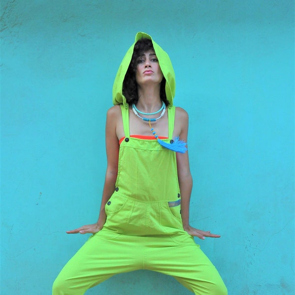 Neon Yellow- Handmade, hooded jumpsuit in raw cotton for festival, parties, ceremonies, Burning Man- Unisex, dungarees, hoodie overalls